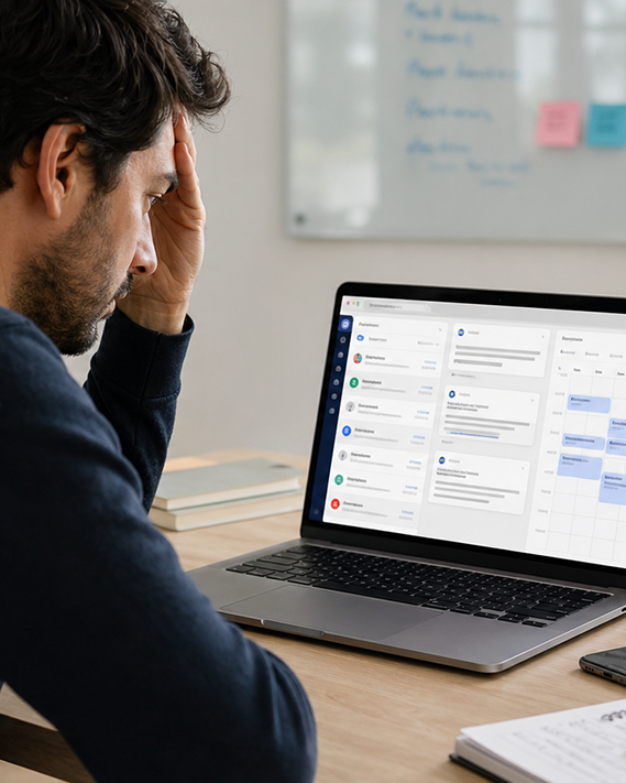 Persona revisando una bandeja de entrada y calendario saturados en su laptop