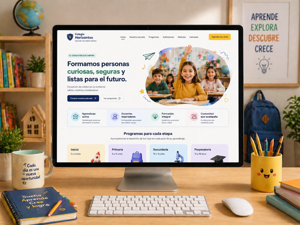 Mockup de sitio educativo de un colegio con secciones de programas