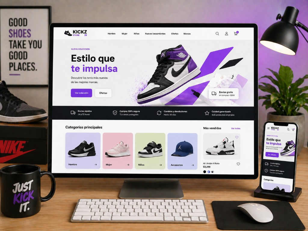 Mockup de tienda online de tenis con catálogo y carrito