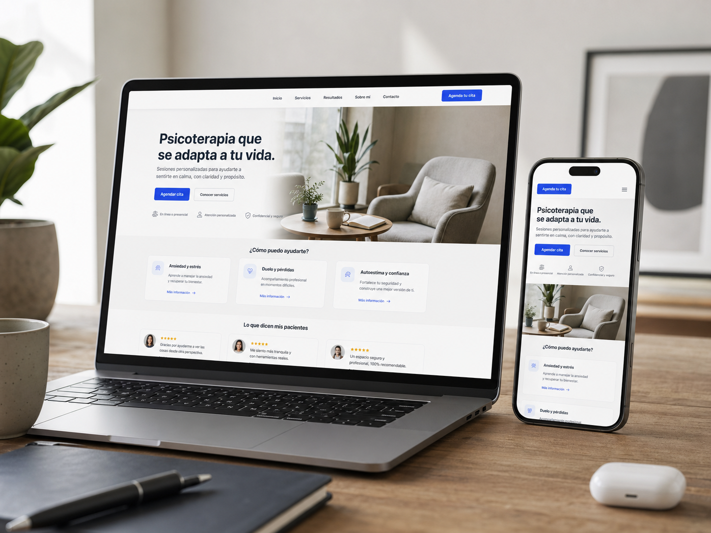 Mockup realista de landing de ventas en laptop y móvil